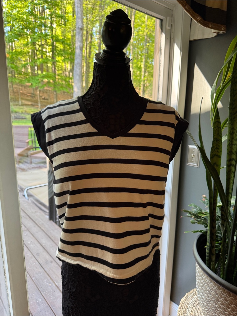 Halogen Black and Cream Striped Short Sleeve Tee